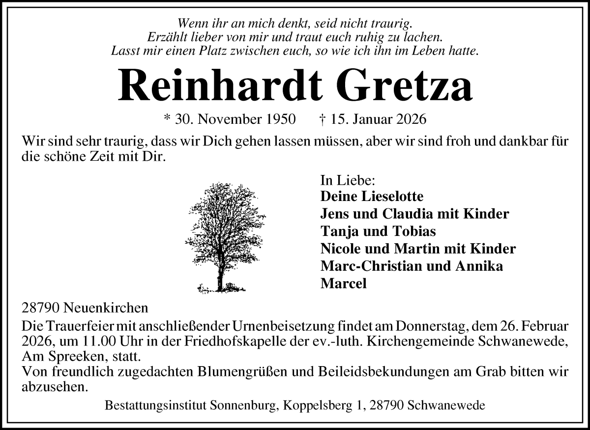 Traueranzeige von Reinhardt Gretza von Die Norddeutsche