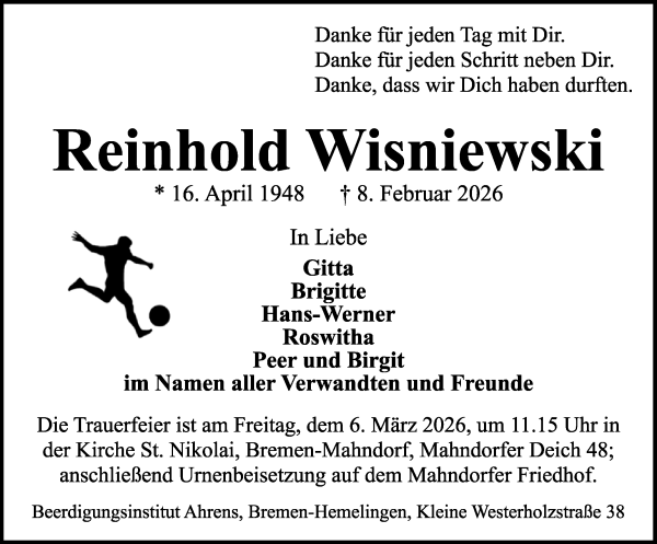 Traueranzeige von Reinhold Wisniewski von WESER-KURIER