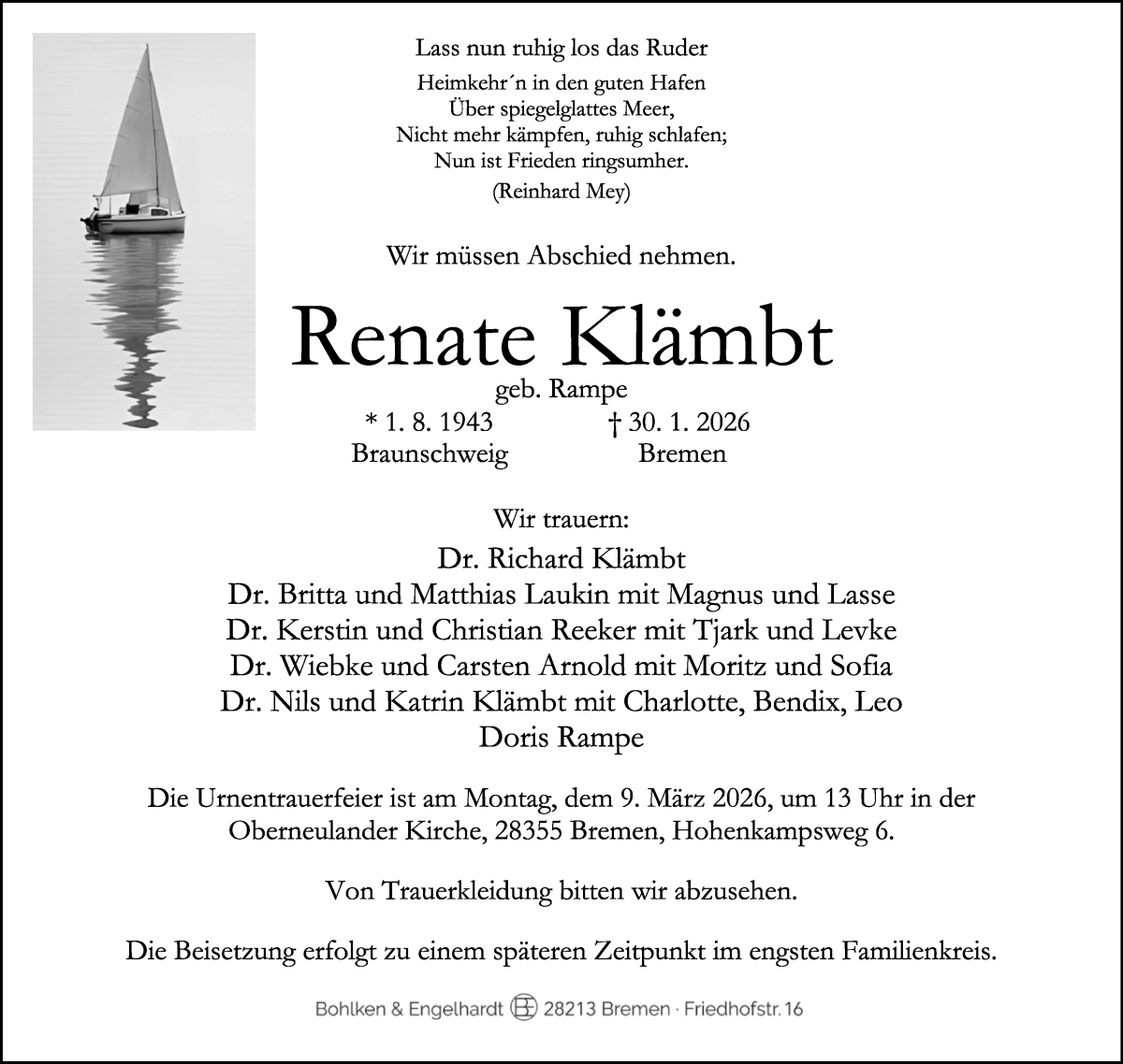 Traueranzeige von Renate Klämbt von WESER-KURIER