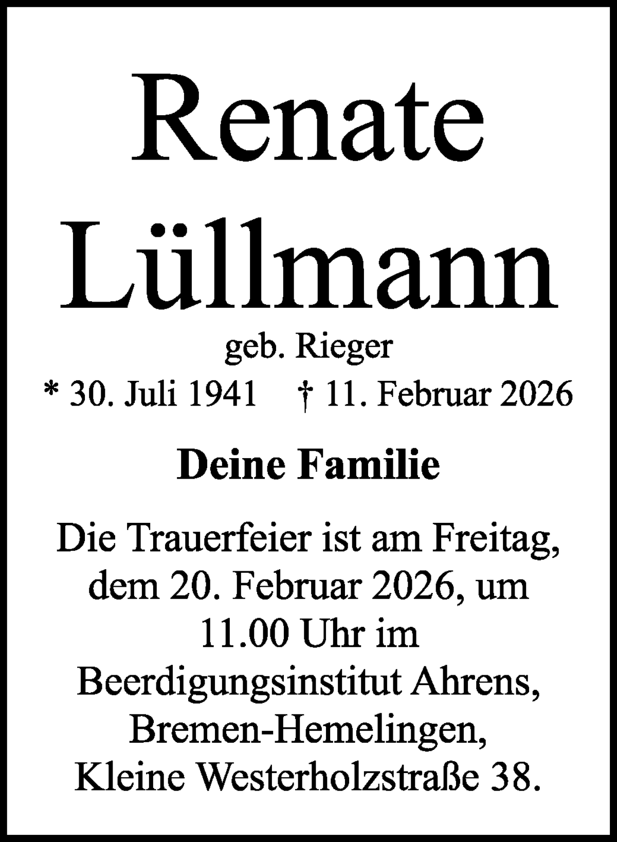Traueranzeige von Renate Lüllmann von WESER-KURIER