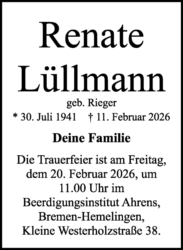 Traueranzeige von Renate Lüllmann von WESER-KURIER