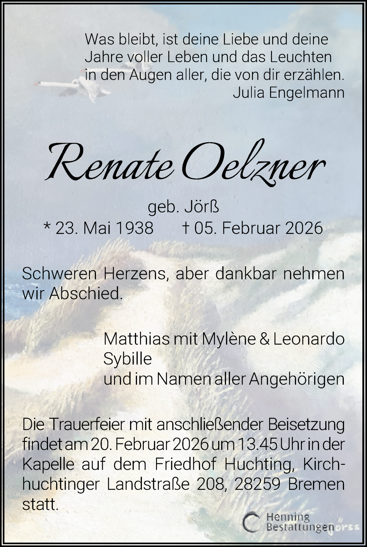 Traueranzeige von Renate Oelzner von WESER-KURIER