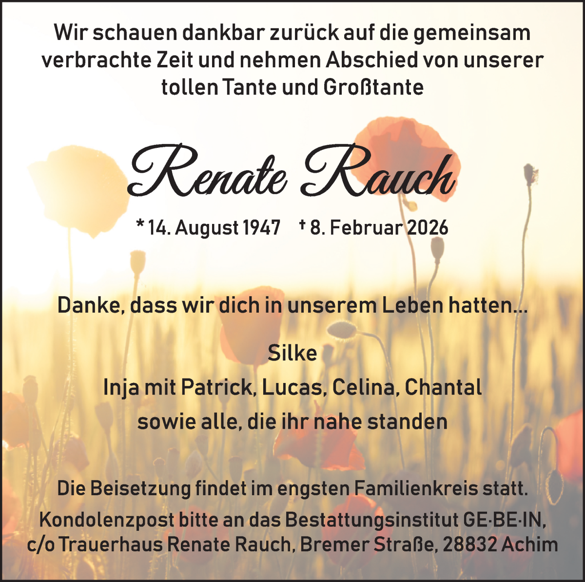 Traueranzeige von Renate Rauch von WESER-KURIER
