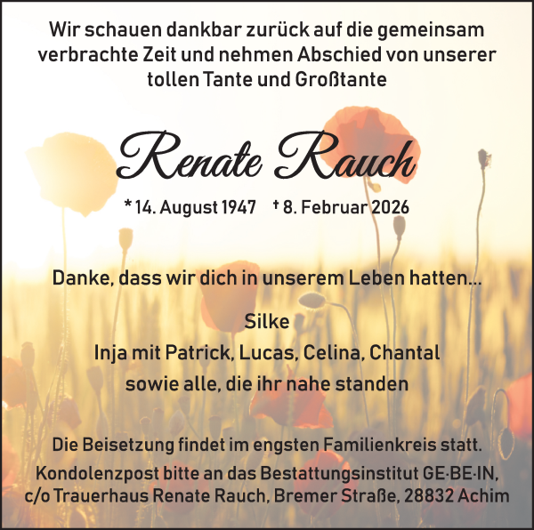 Traueranzeige von Renate Rauch von WESER-KURIER
