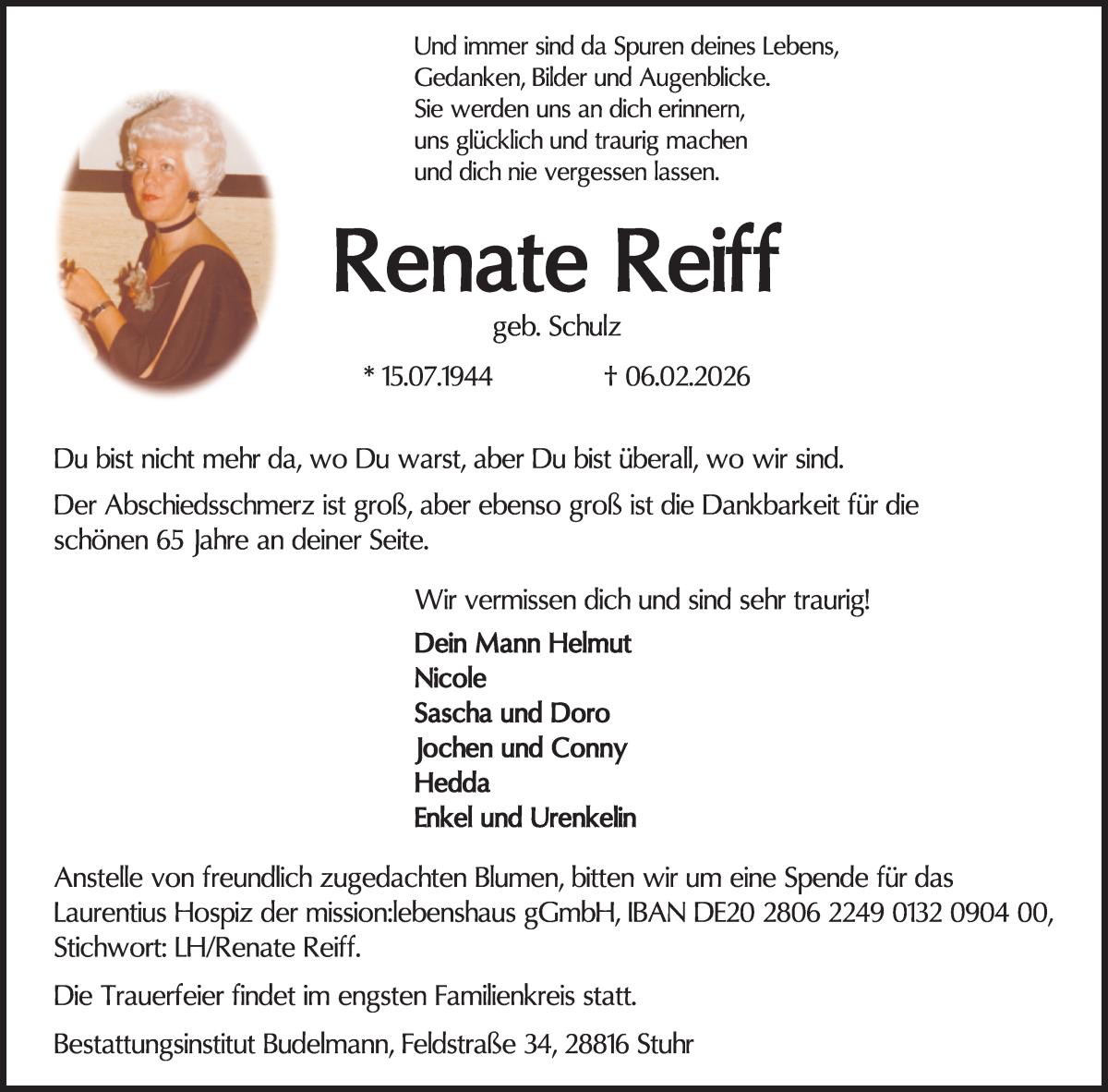 Traueranzeige von Renate Reiff von Regionale Rundschau/Syker Kurier