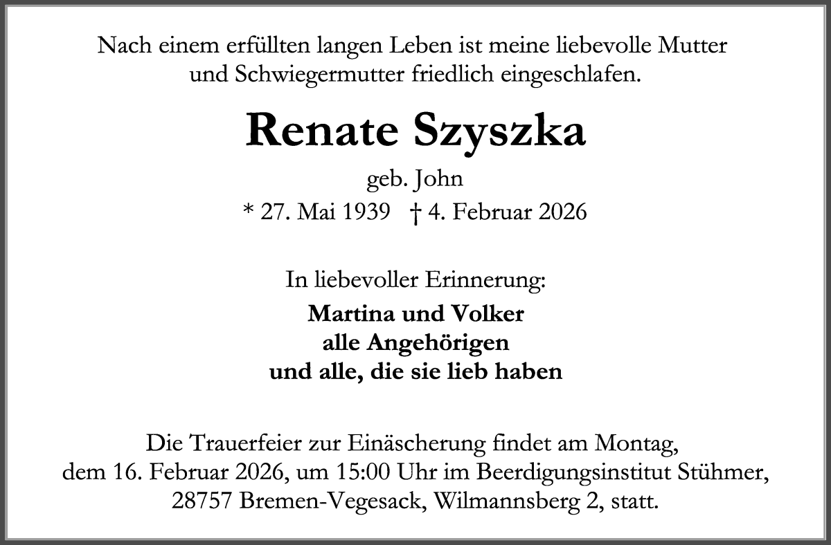 Traueranzeige von Renate Szyszka von Die Norddeutsche