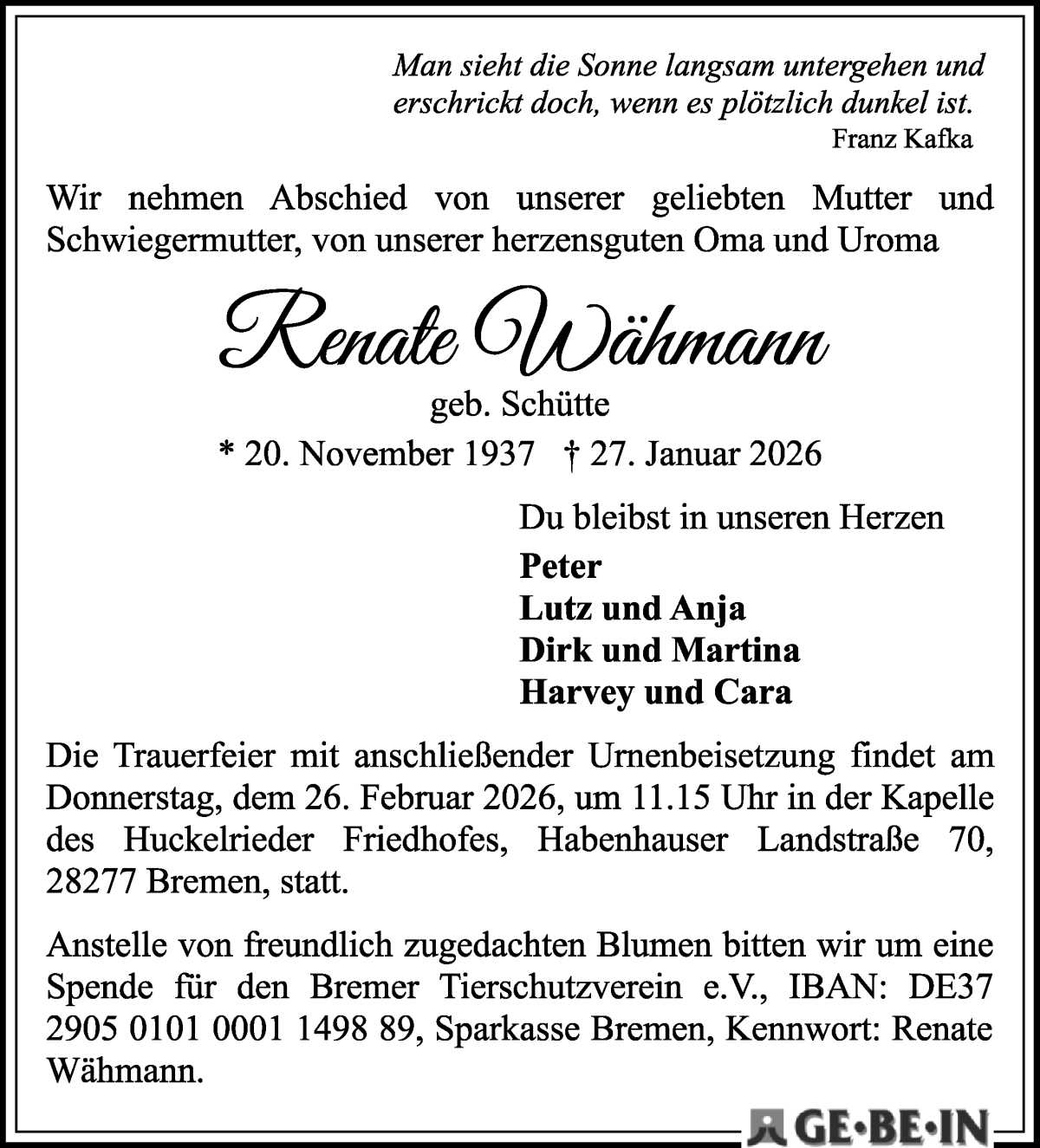 Traueranzeige von Renate Wahlmann von WESER-KURIER