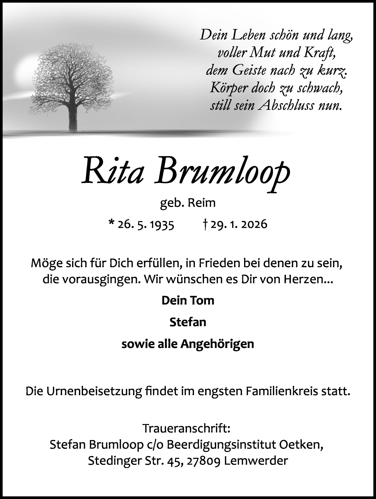 Traueranzeige von Rita Brumloop von Die Norddeutsche
