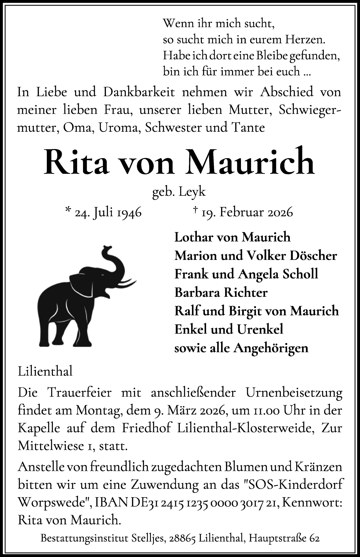  Traueranzeige für Rita von Maurich vom 25.02.2026 aus WESER-KURIER