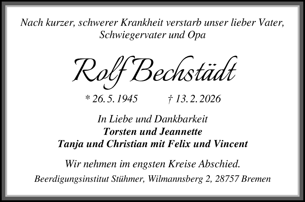 Traueranzeige von Rolf Bechstädt von Die Norddeutsche