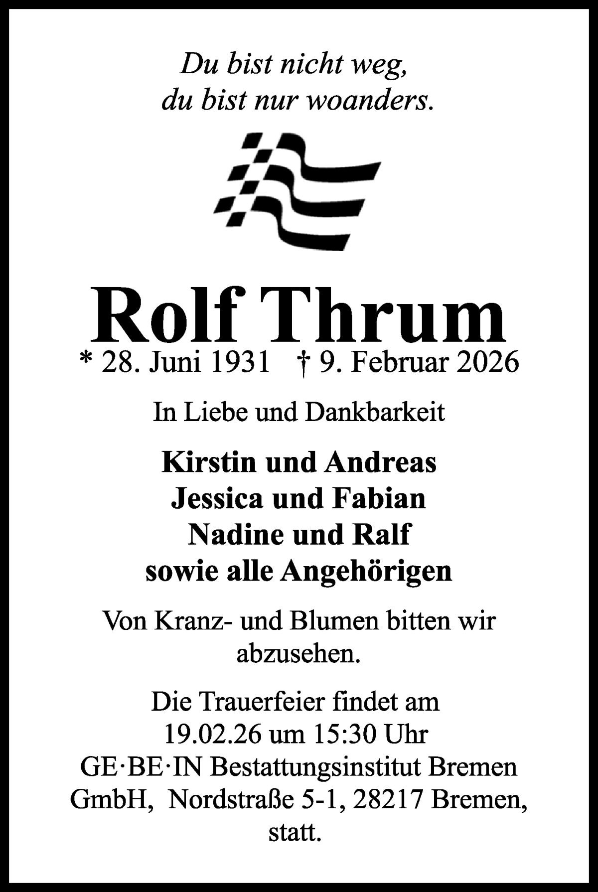 Traueranzeige von Rolf Thrum von WESER-KURIER
