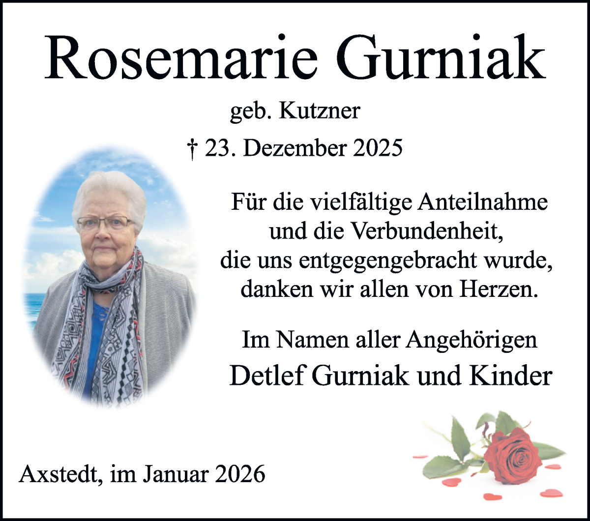 Traueranzeige von Rosemarie Gurniak von Osterholzer Kreisblatt