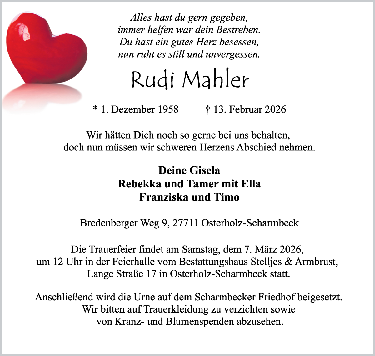 Traueranzeige von Rudi Mahler von Osterholzer Kreisblatt