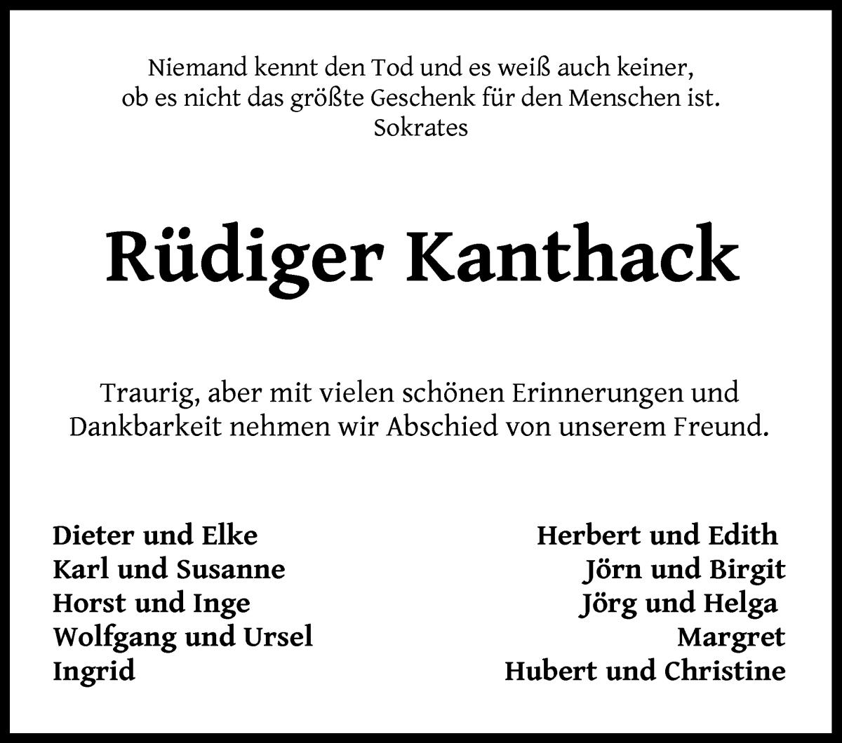 Traueranzeige von Rüdiger Kanthack von Wuemme Zeitung