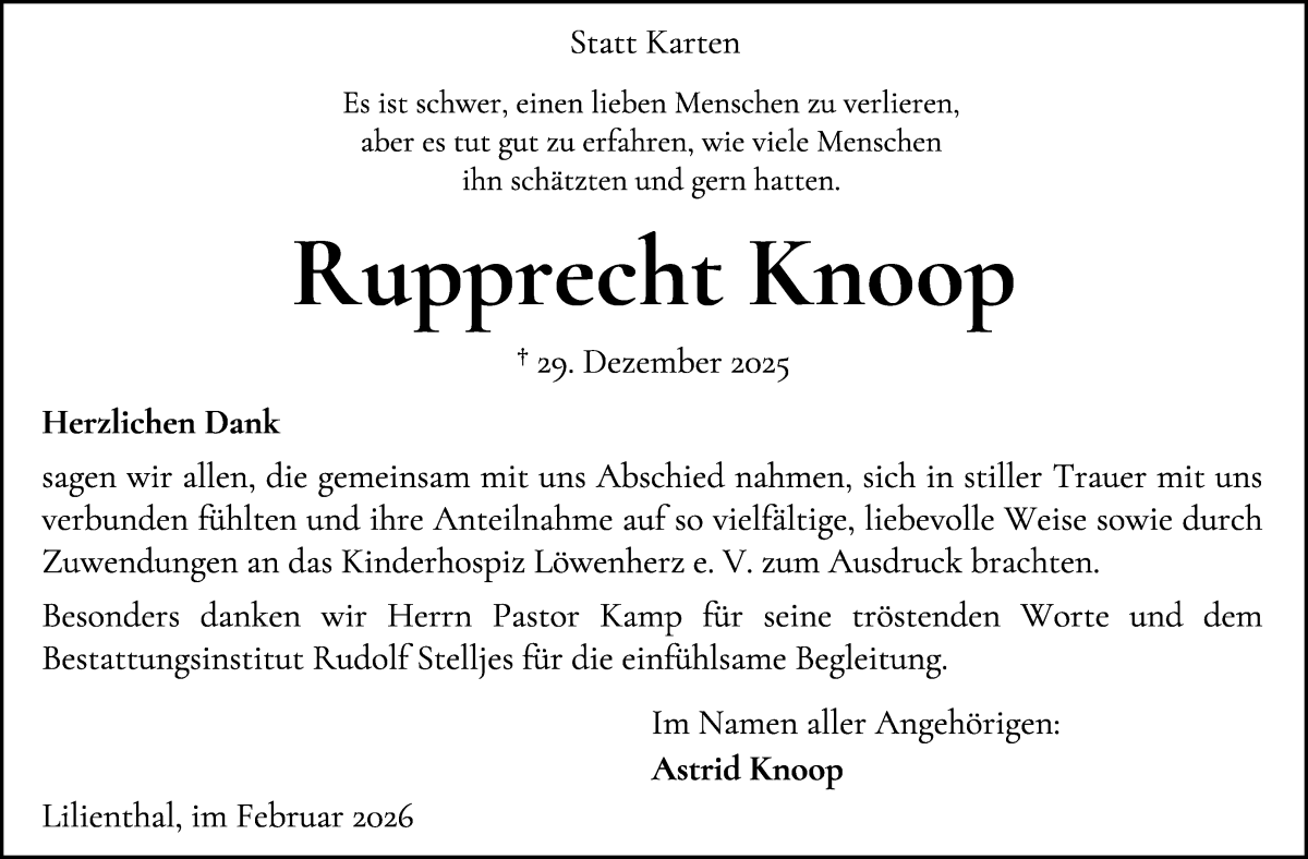Traueranzeige von Rupprecht Knoop von Wuemme Zeitung
