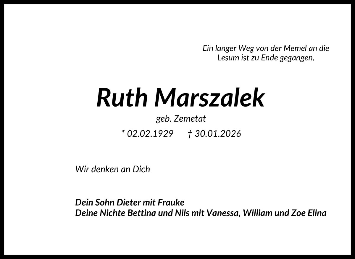 Traueranzeige von Ruth Marszalek von Die Norddeutsche
