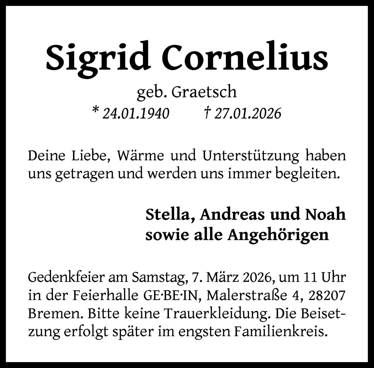 Traueranzeige von Sigrid Cornelius von WESER-KURIER