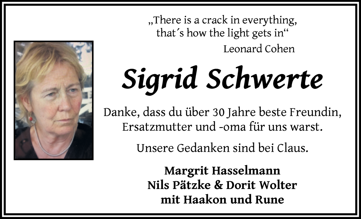 Traueranzeige von Sigrid Schwerte von WESER-KURIER