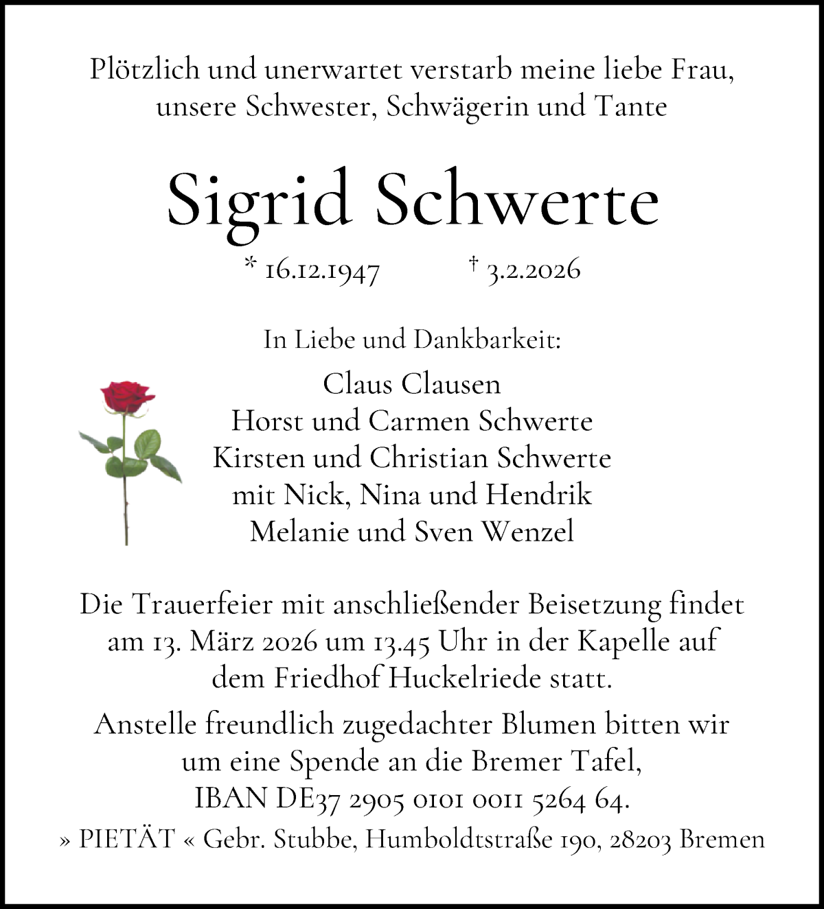 Traueranzeige von Sigrid Schwerte von WESER-KURIER