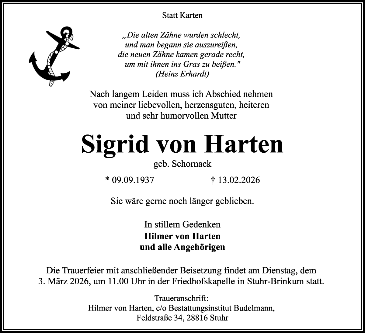 Traueranzeige von Sigrid von Harten von WESER-KURIER