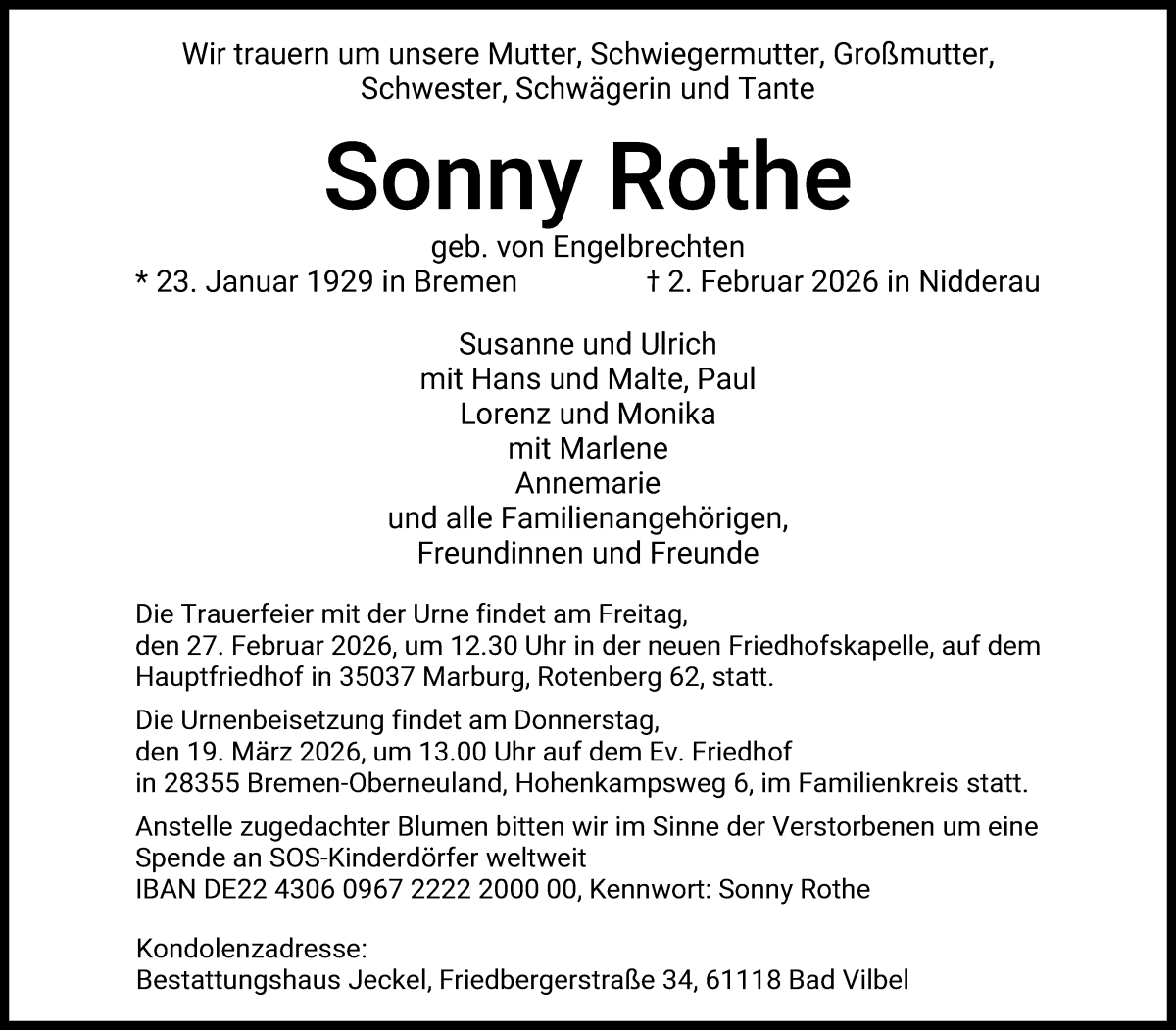 Traueranzeige von Sonny Rothe von WESER-KURIER