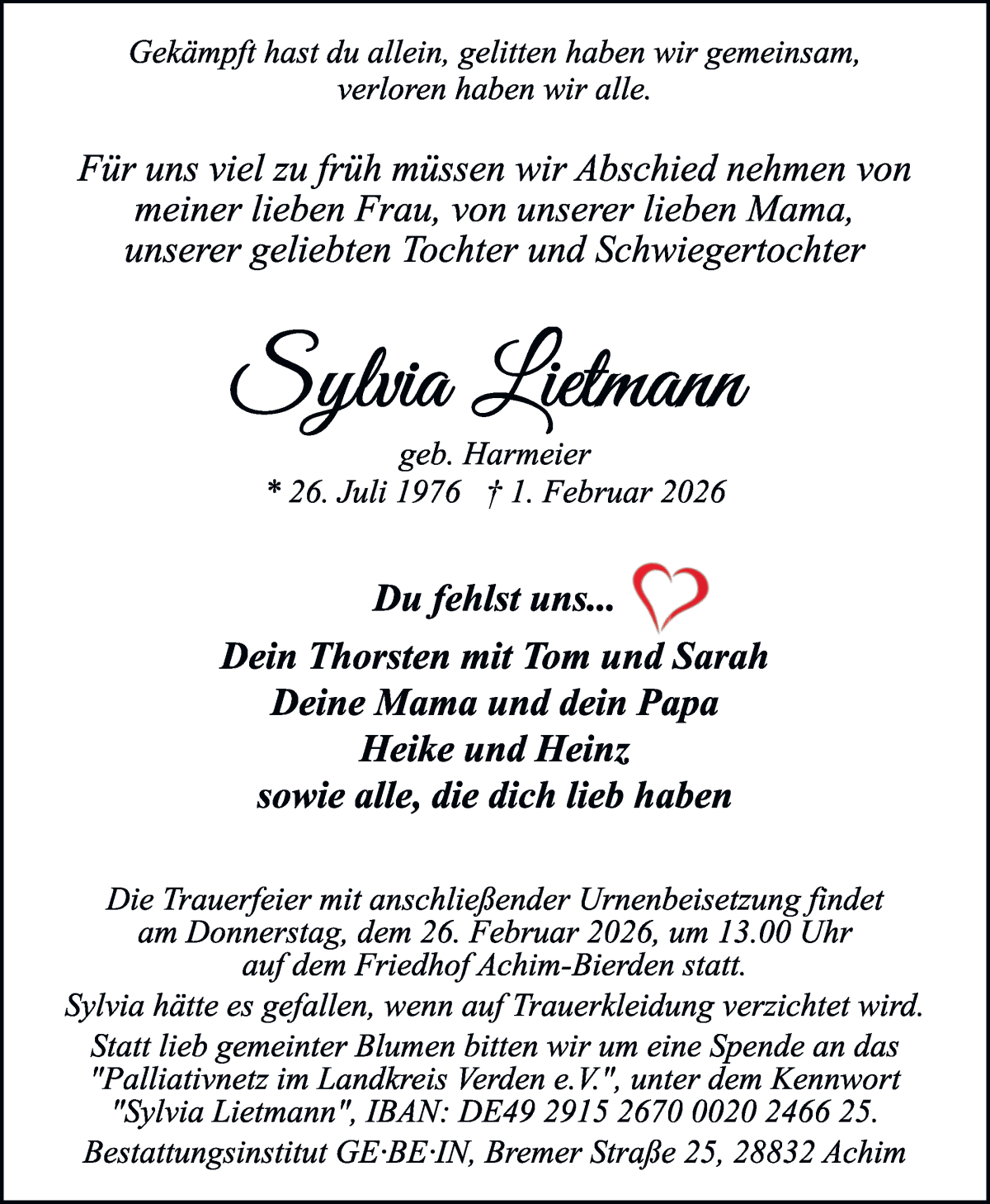 Traueranzeige von Sylvia Lietmann von WESER-KURIER