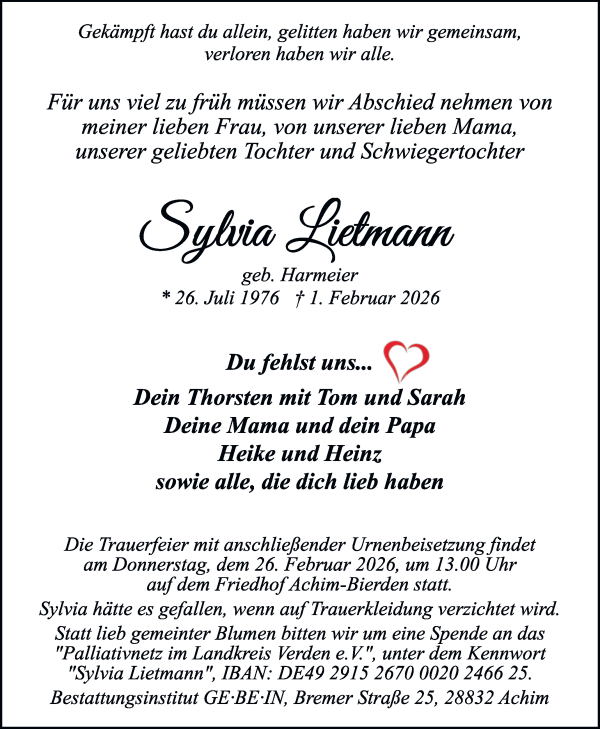 Traueranzeige von Sylvia Lietmann von WESER-KURIER