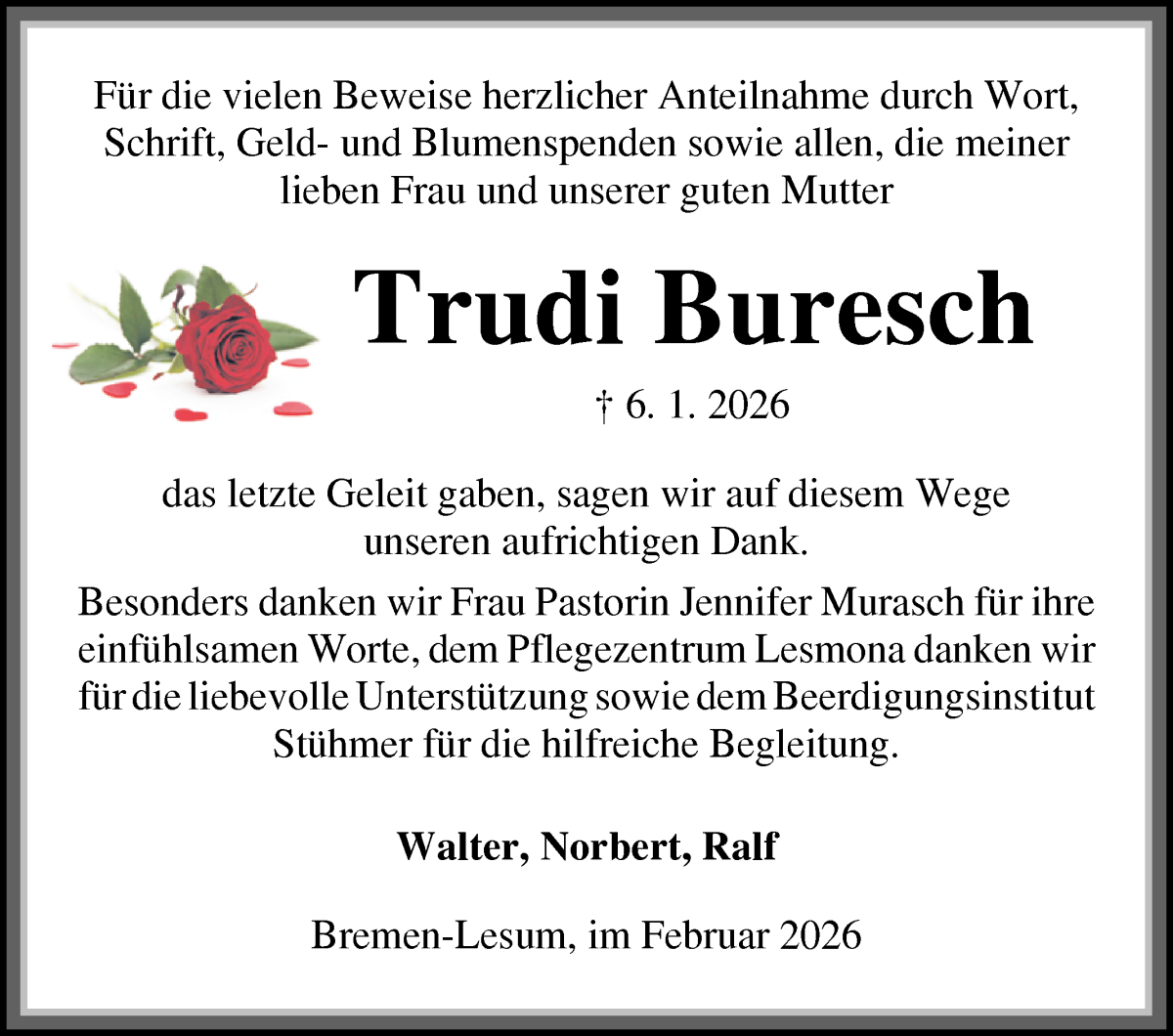 Traueranzeige von Trudi Buresch von Die Norddeutsche