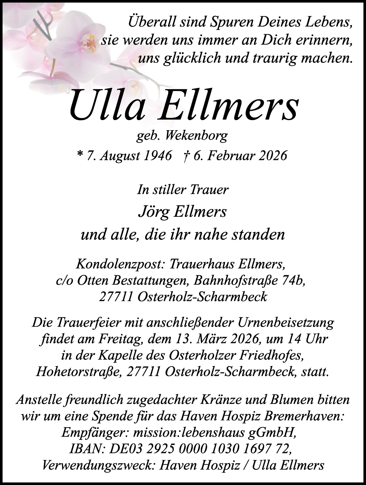 Traueranzeige von Ulla Ellmers von Osterholzer Kreisblatt