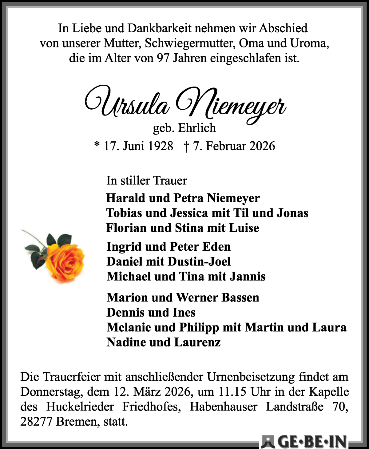  Traueranzeige für Unbekannt Unbekannt vom 21.02.2026 aus WESER-KURIER