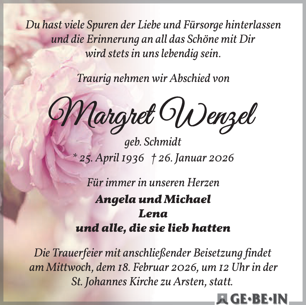 Traueranzeige von Margret Wenzel von WESER-KURIER