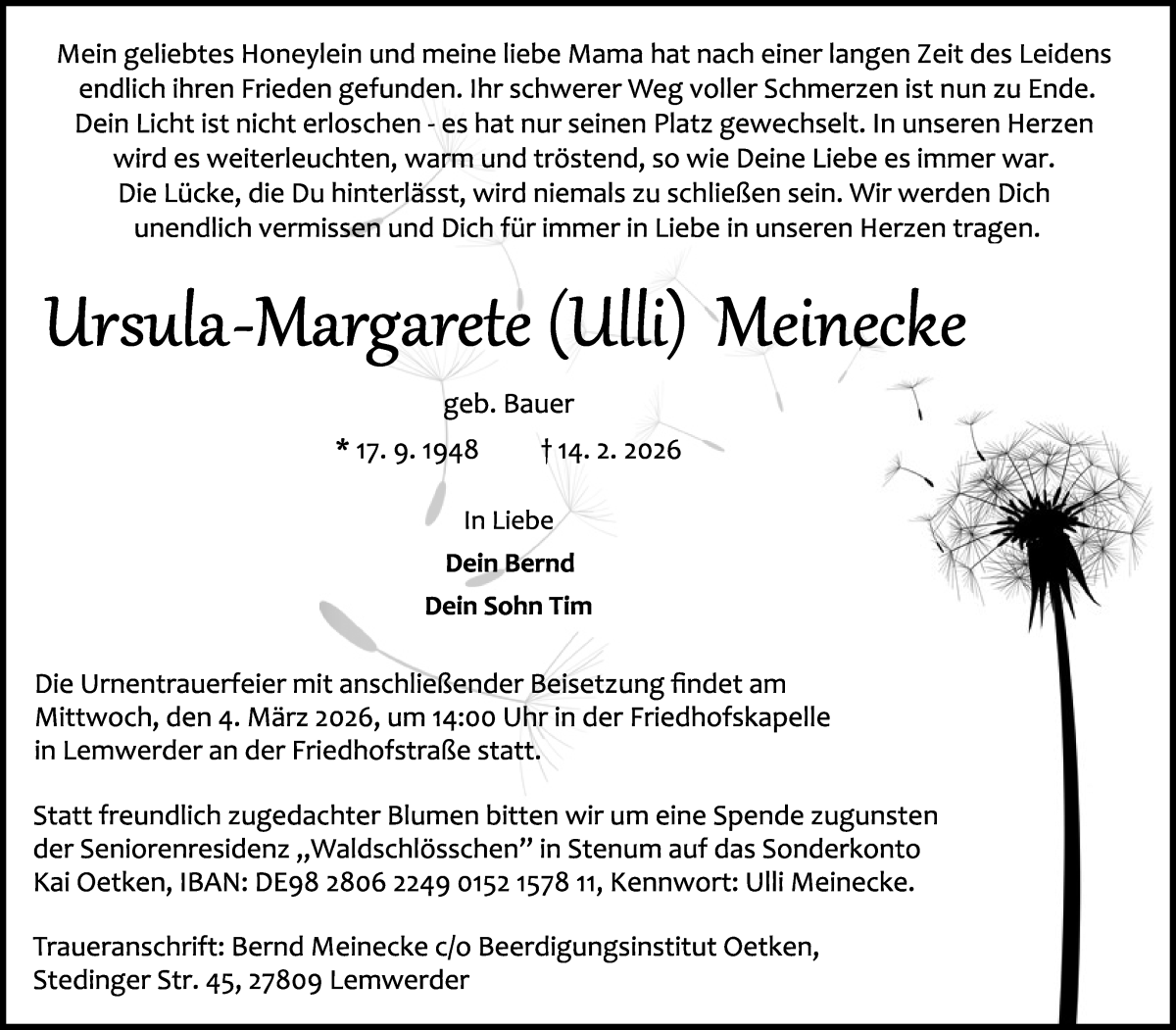 Traueranzeige von Ursula-Margarete Meinecke von Die Norddeutsche