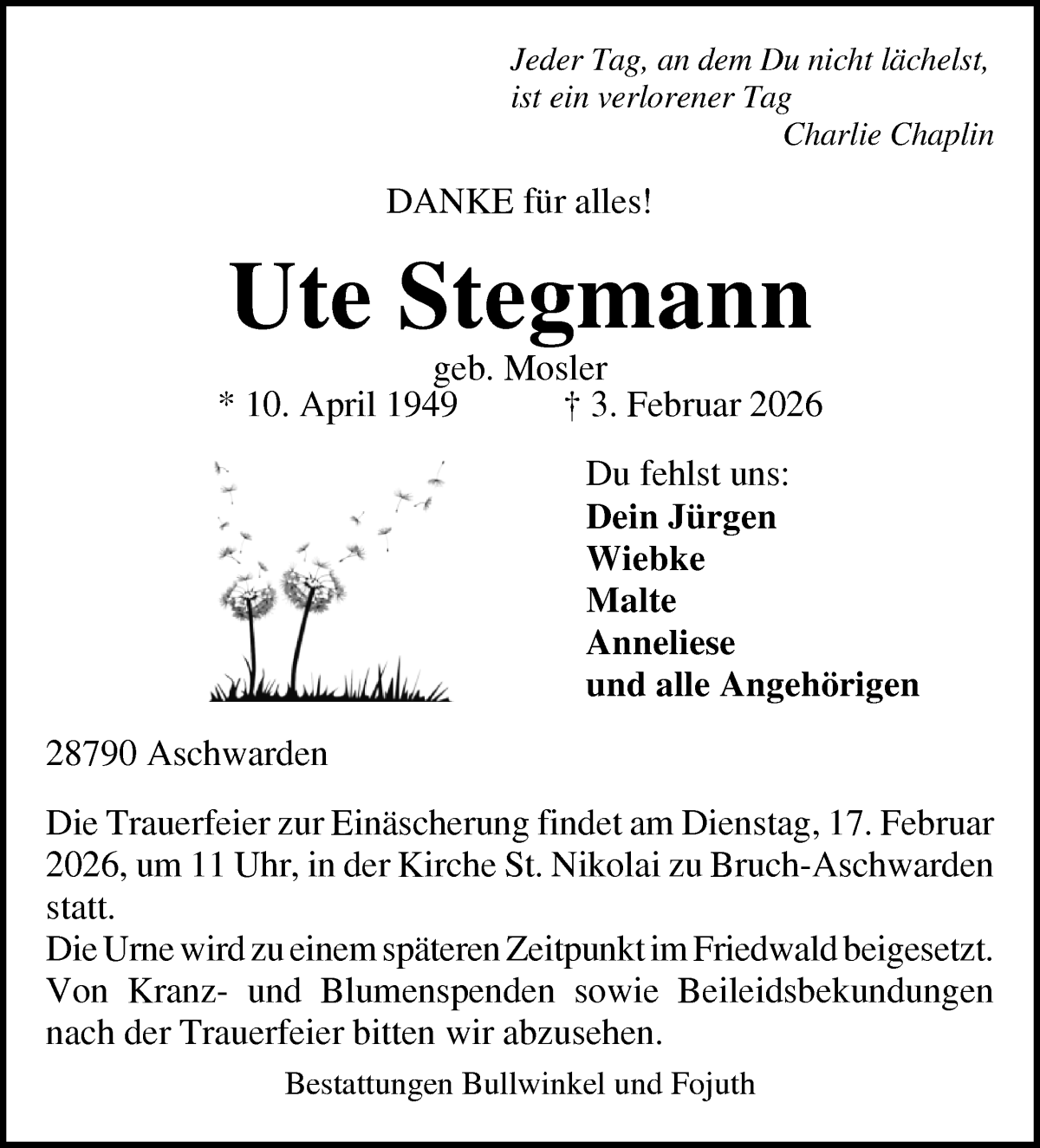 Traueranzeige von Ute Stegmann von Die Norddeutsche