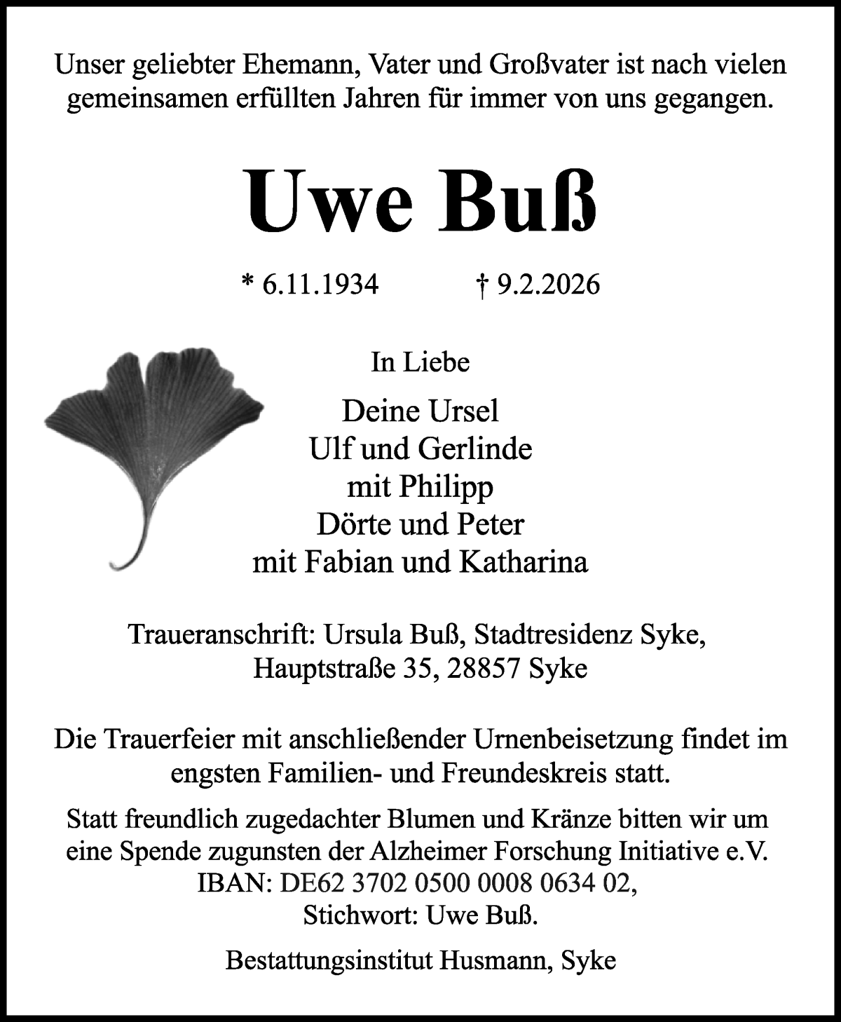 Traueranzeige von Uwe Bull von Regionale Rundschau/Syker Kurier