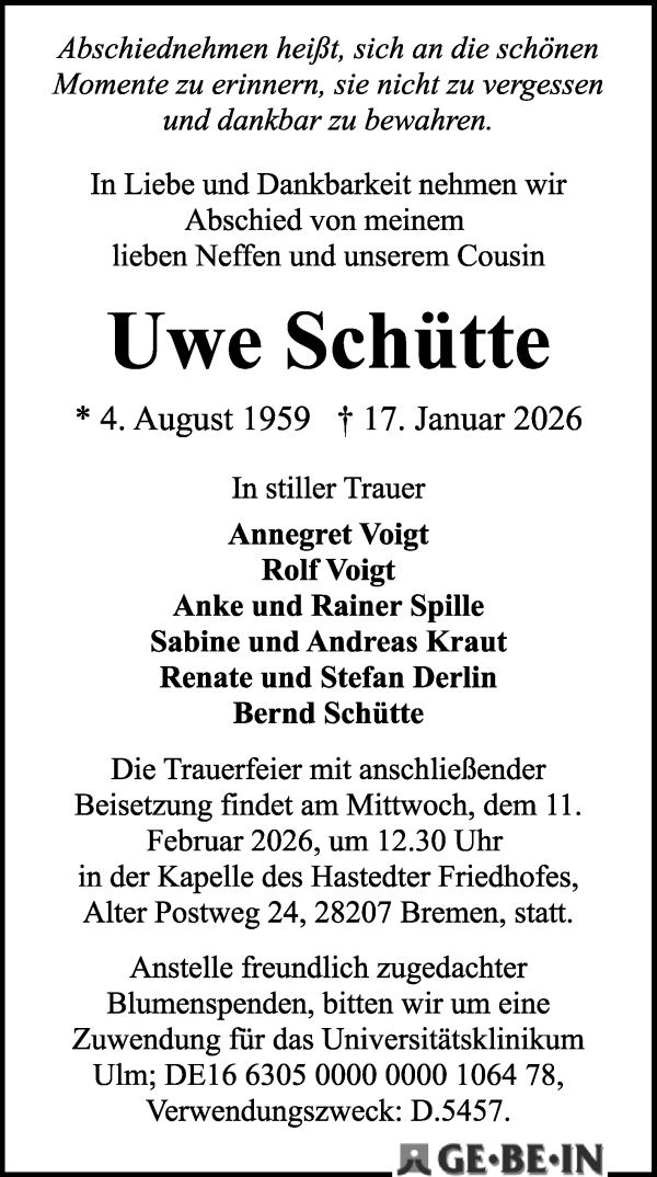 Traueranzeige von Uwe Schütte von WESER-KURIER