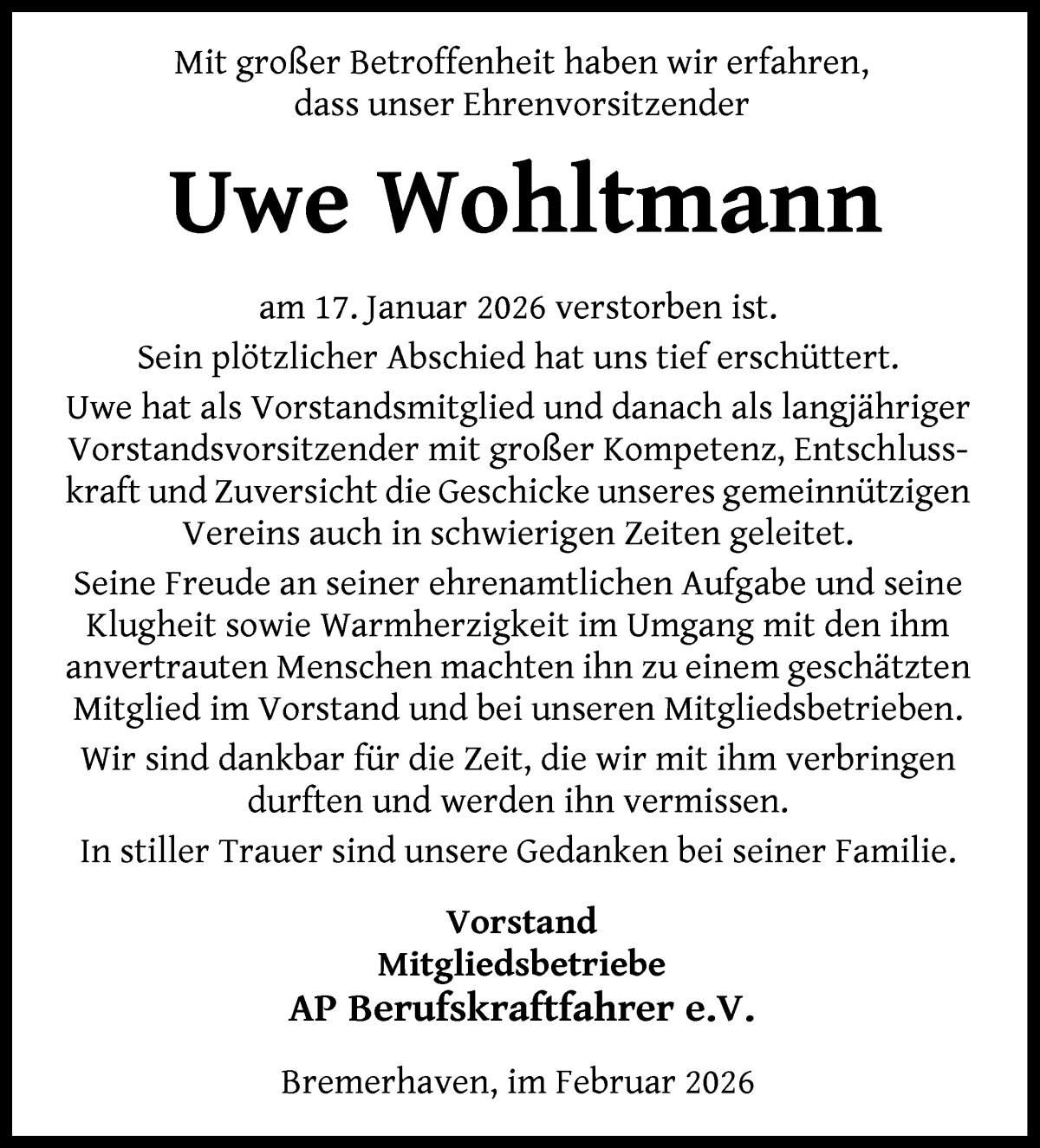 Traueranzeige von Uwe Wohltmann von WESER-KURIER