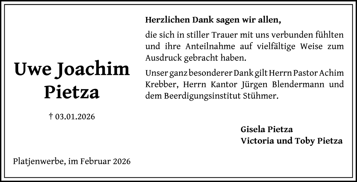 Traueranzeige von Uwe Joachim Pietza von Die Norddeutsche