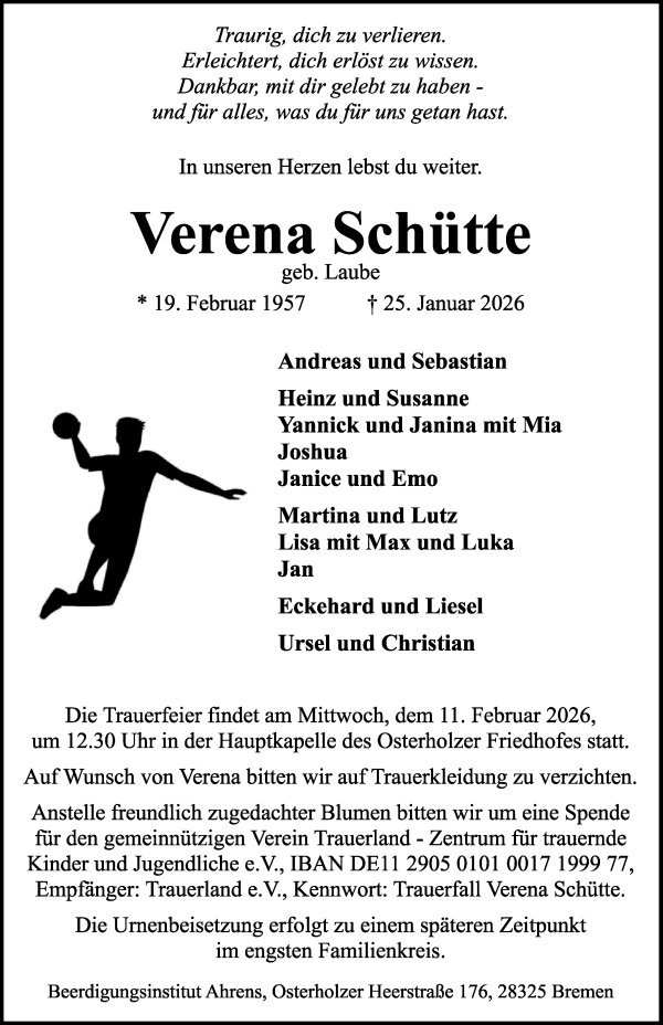 Traueranzeige von Verena Schütte von WESER-KURIER