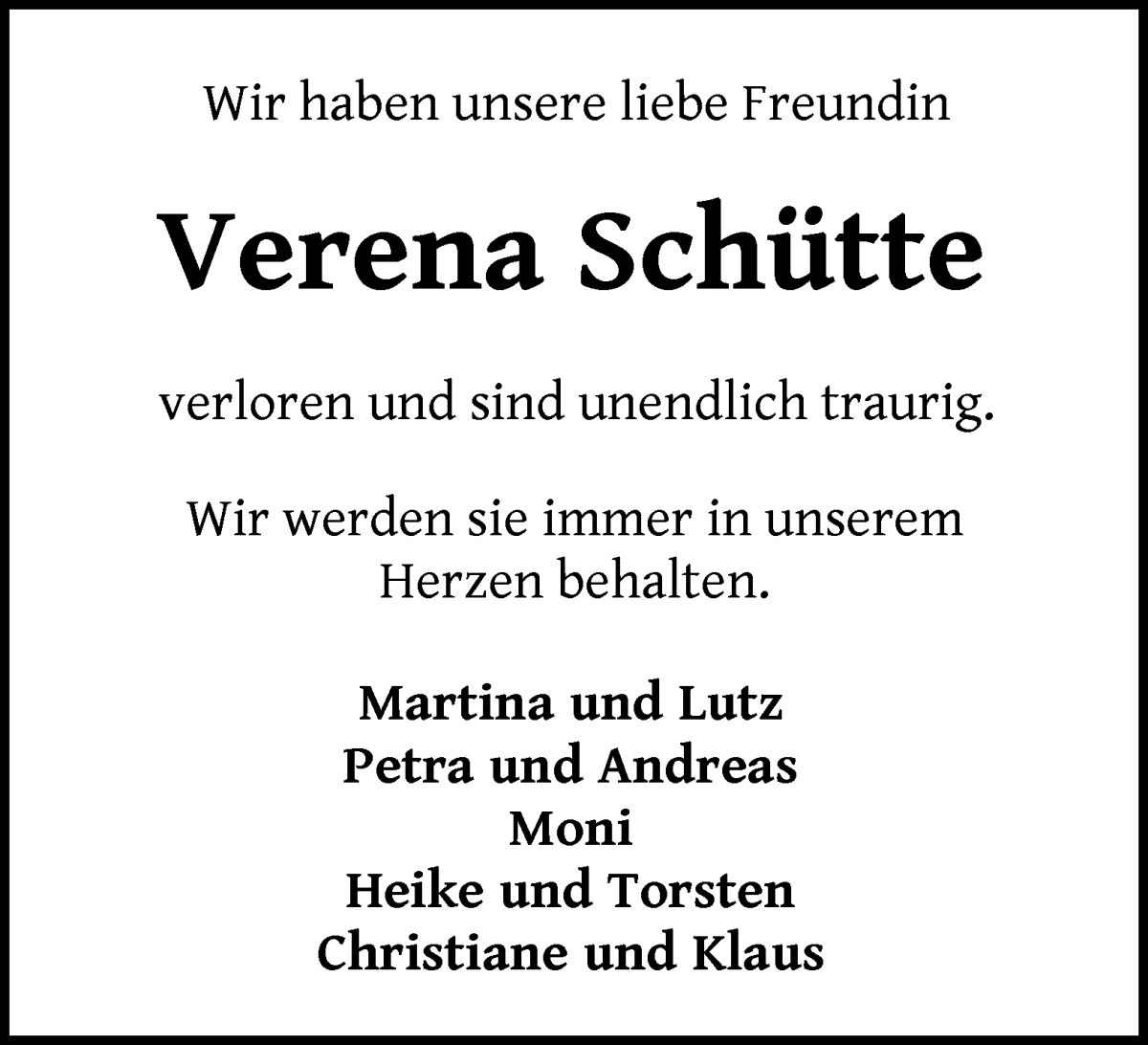 Traueranzeige von Verena Schütte von WESER-KURIER