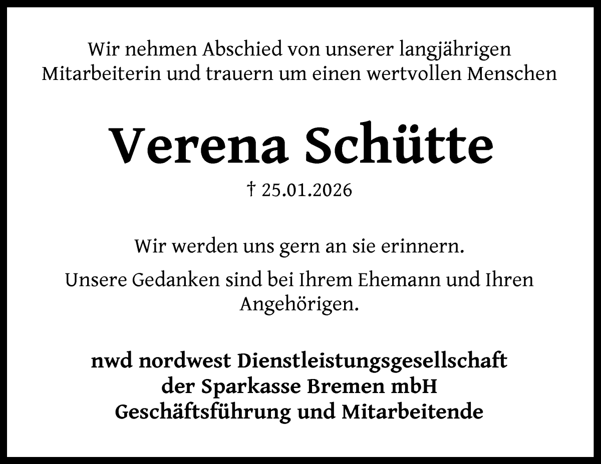 Traueranzeige von Verena Schütte von WESER-KURIER