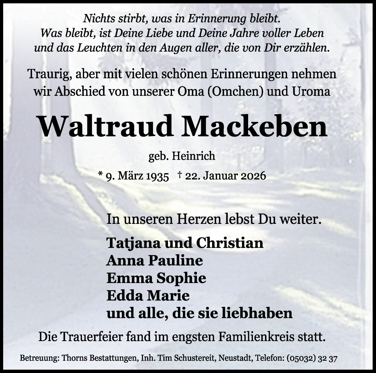 Traueranzeige von Waltraud Mackeben von WESER-KURIER