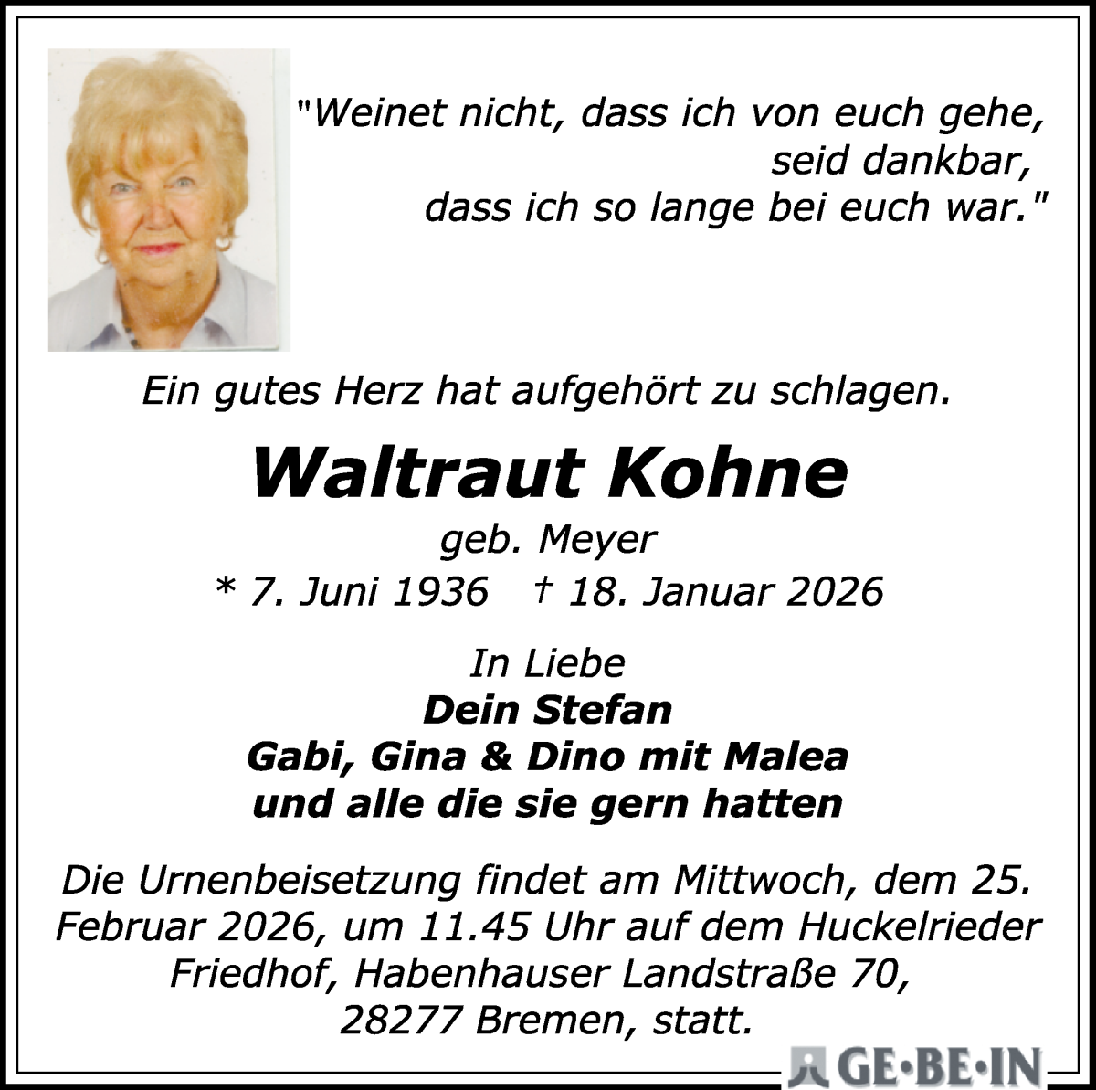 Traueranzeige von Waltraut Kohne von WESER-KURIER
