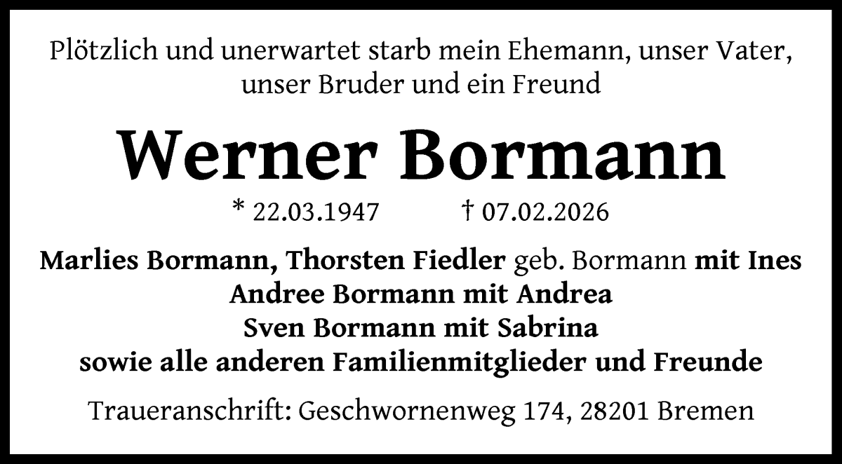 Traueranzeige von Werner Bormann von WESER-KURIER