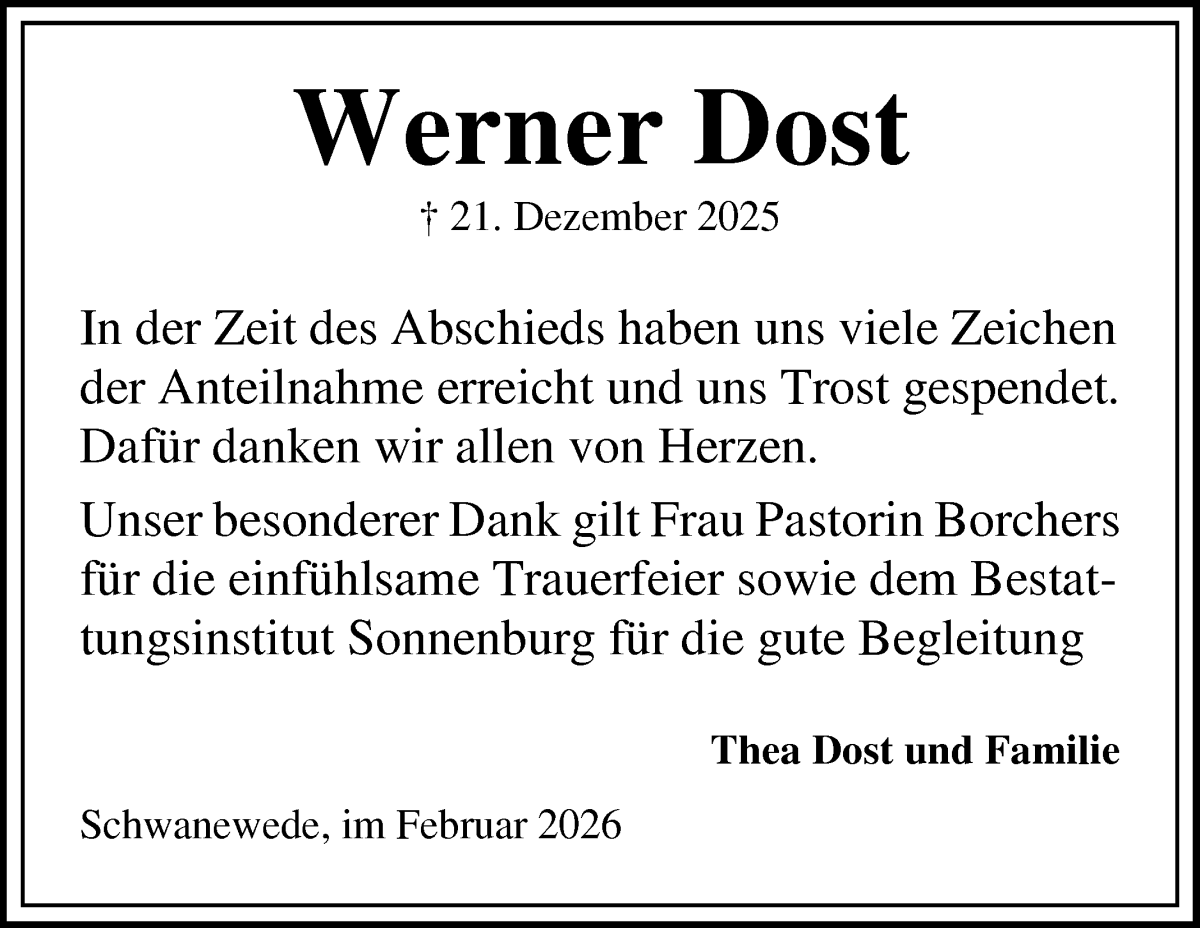 Traueranzeige von Werner Dost von Die Norddeutsche