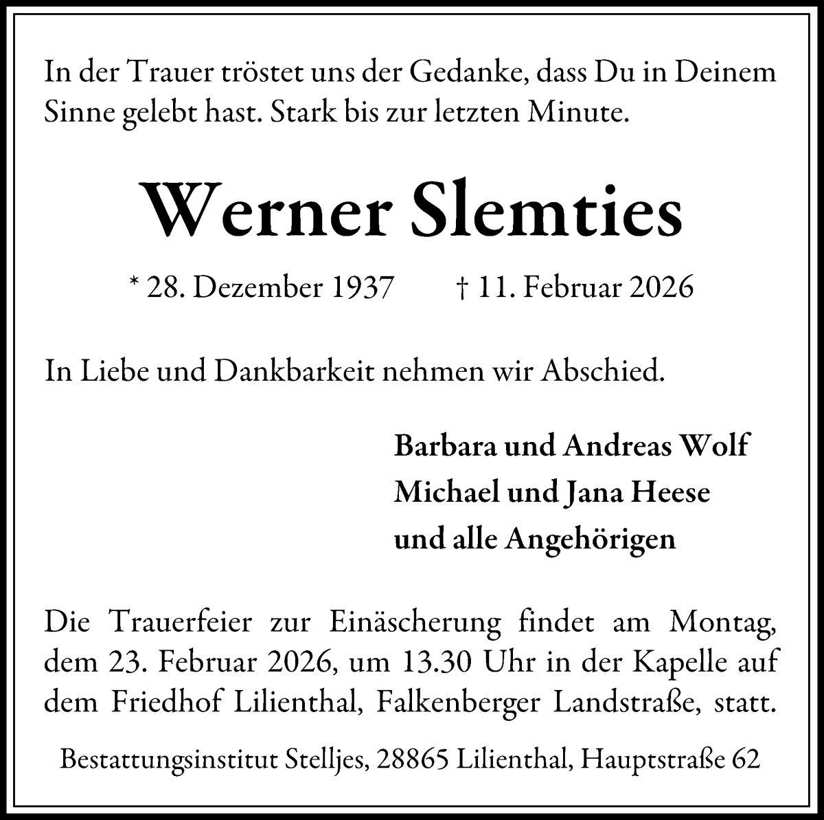 Traueranzeige von Werner Slemties von Wuemme Zeitung