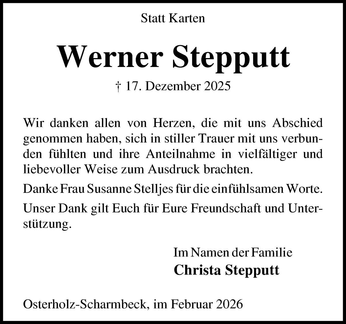 Traueranzeige von Werner Stepputt von Osterholzer Kreisblatt