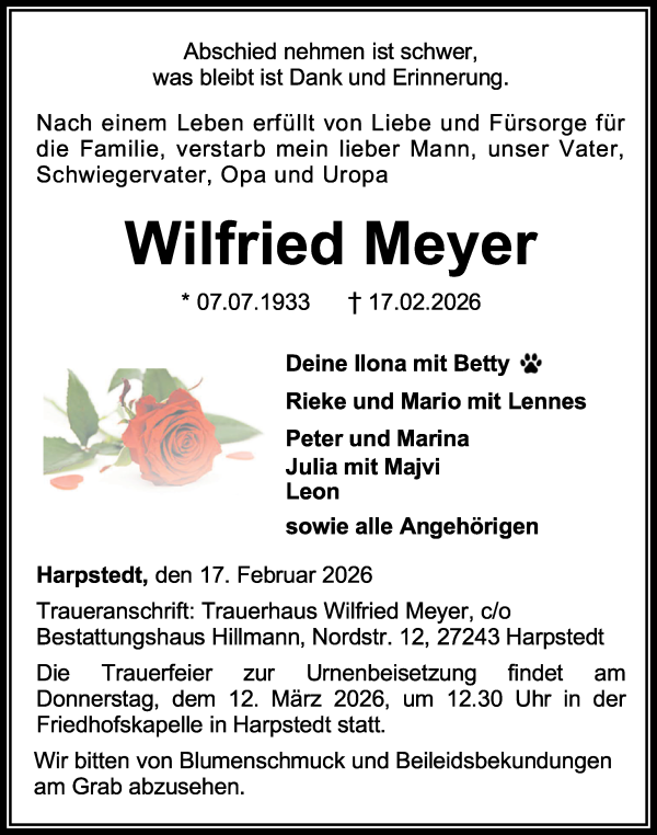Traueranzeige von Wilfried Meyer von WESER-KURIER