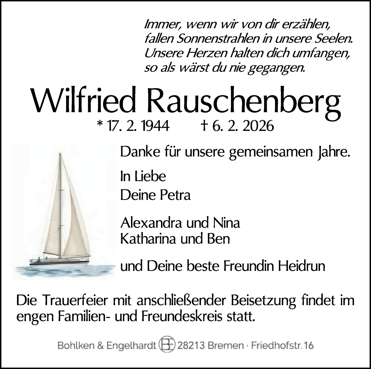 Traueranzeige von Wilfried Rauschenberg von WESER-KURIER