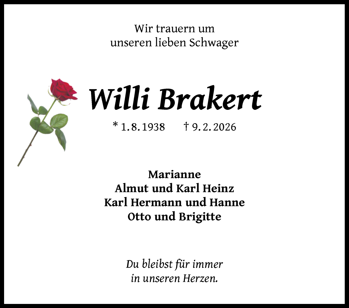 Traueranzeige von Willi Brakert von Regionale Rundschau/Syker Kurier