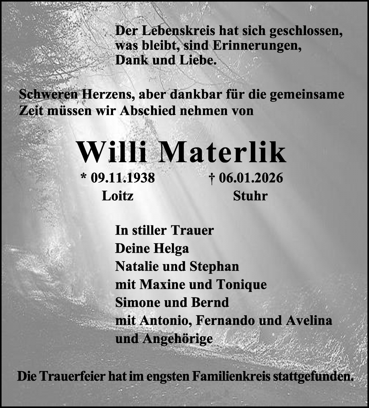 Traueranzeige von Willi Materlik von WESER-KURIER